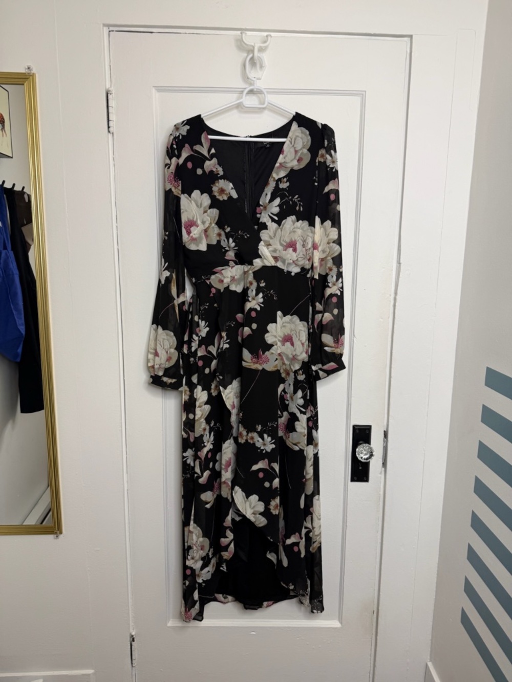 Lulu’s Blissful Thinking Black Floral Print High-Low Wrap Dress - Picture 8 of 9